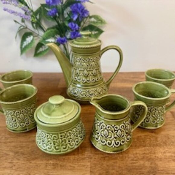 Vintage‎ Japanese Green Coffee Set Woolco Nitto Nagoya Ceramic Mugs Cream Sugar - Picture 1 of 6